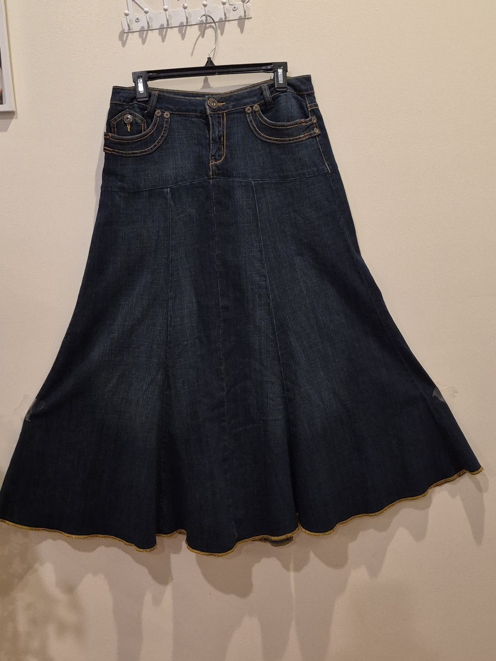 Dark Blue Denim Flared Maxi Skirt